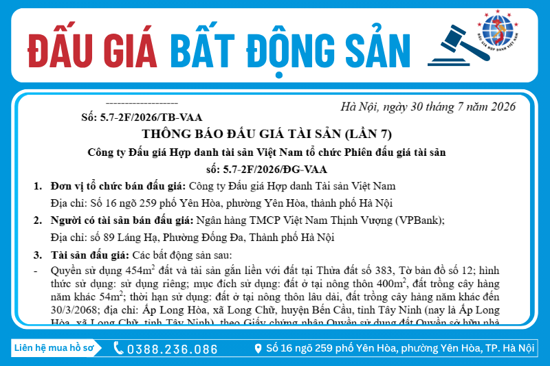 Thông Báo Đấu Giá Tài Sản số: 5.7-2F/2026/ĐG-VAA (Lần 7)