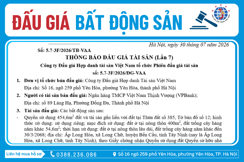 Thông Báo Đấu Giá Tài Sản số: 5.7-3F/2026/ĐG-VAA (Lần 7)