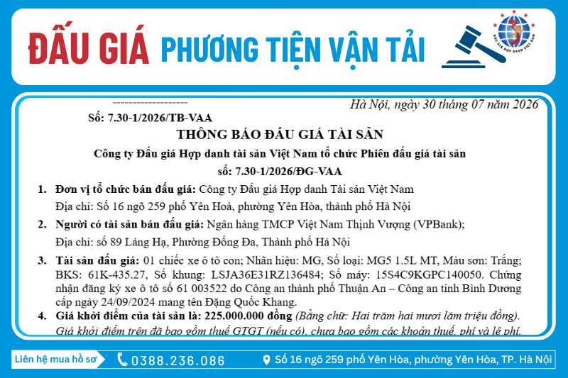 Thông Báo Đấu Giá Tài Sản số: 7.30-1/2026/ĐG-VAA