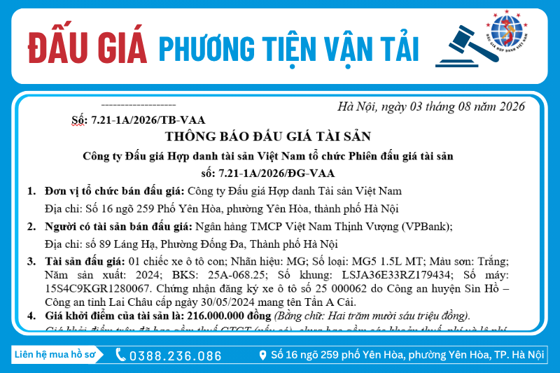 Thông Báo Đấu Giá Tài Sản số: 7.21-1A/2026/ĐG-VAA