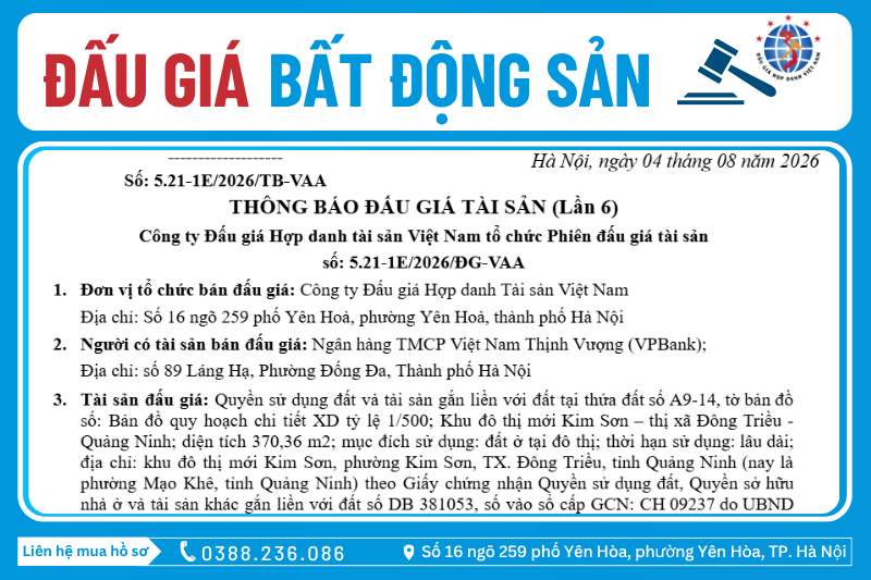 Thông Báo Đấu Giá Tài Sản số: 5.21-1E/2026/ĐG-VAA  (Lần 6)