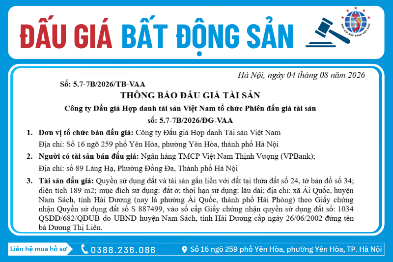 Thông Báo Đấu Giá Tài Sản số: 5.7-7B/2026/ĐG-VAA