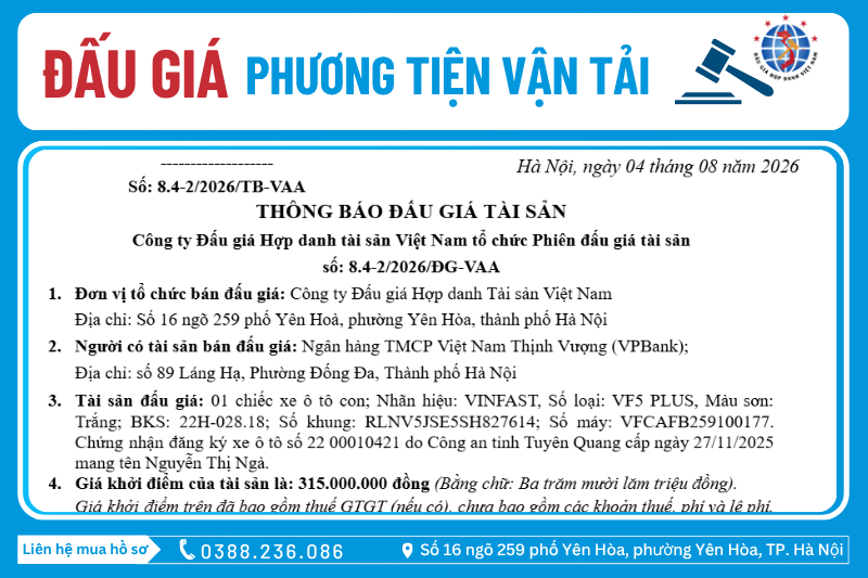 Thông Báo Đấu Giá Tài Sản số: 8.4-2/2026/ĐG-VAA