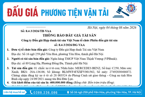 Thông Báo Đấu Giá Tài Sản số: 8.4-3/2026/ĐG-VAA 