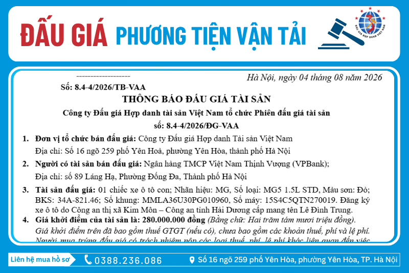 Thông Báo Đấu Giá Tài Sản số: 8.4-4/2026/ĐG-VAA 