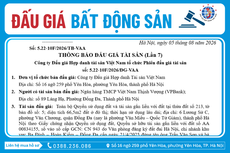 Thông Báo Đấu Giá Tài Sản số: 5.22-10F/2026/ĐG-VAA (Lần 7)