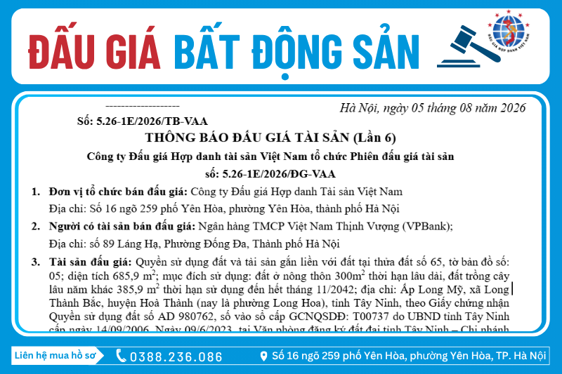 Thông Báo Đấu Giá Tài Sản số: 5.26-1E/2026/ĐG-VAA (Lần 6)