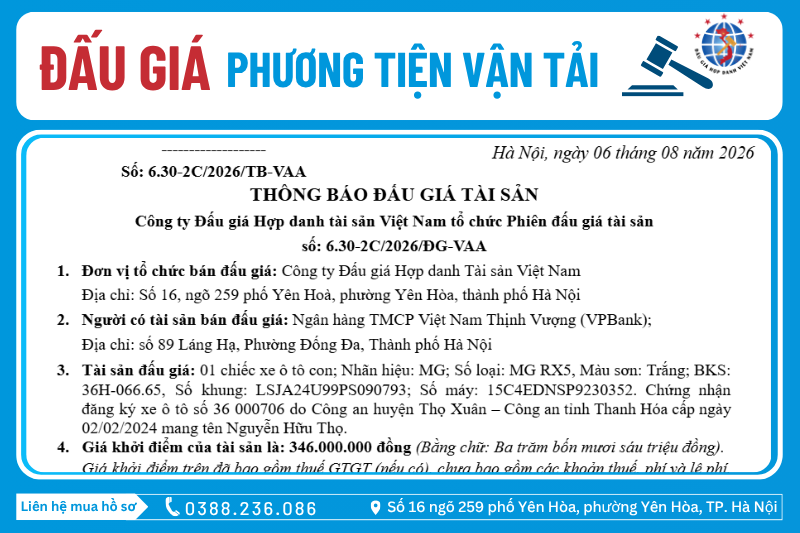 Thông Báo Đấu Giá Tài Sản số:  6.30-2C/2026/ĐG-VAA