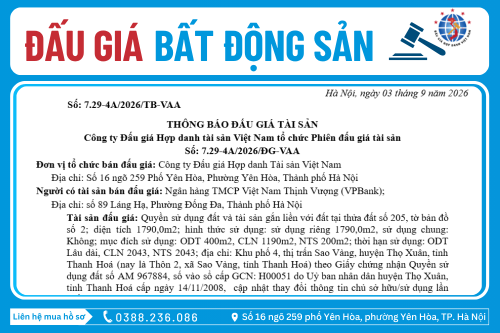 Thông Báo Đấu Giá Tài Sản số: 7.29-4A/2026/ĐG-VAA