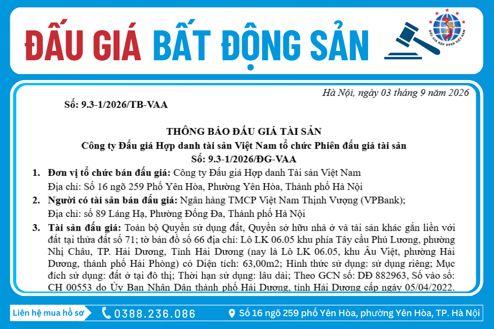 Thông Báo Đấu Giá Tài Sản số: 9.3-1/2026/ĐG-VAA