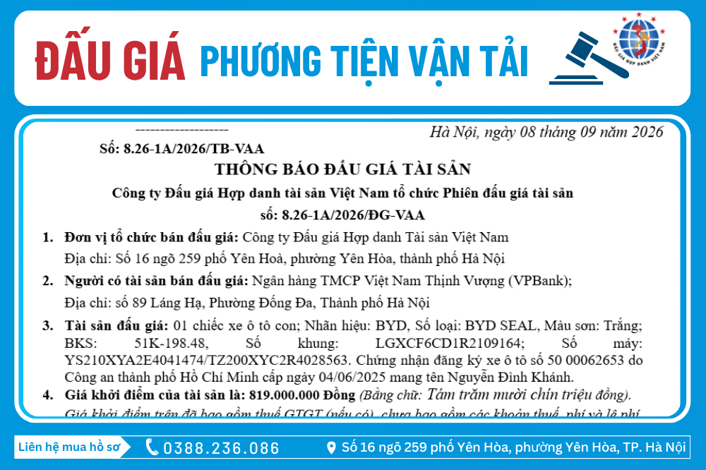 Thông Báo Đấu Giá Tài Sản số: 8.26-1A/2026/ĐG-VAA