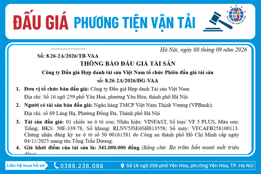 Thông Báo Đấu Giá Tài Sản số: 8.26-2A/2026/ĐG-VAA