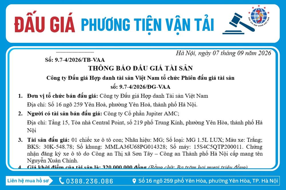 Thông Báo Đấu Giá Tài Sản số: 9.7-4/2026/ĐG-VAA