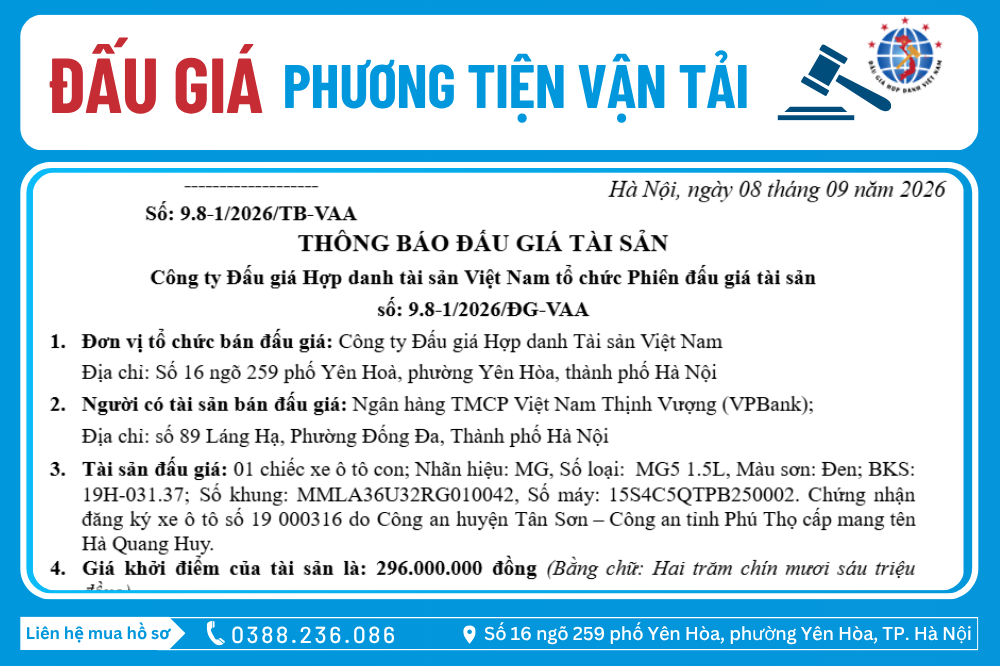 Thông Báo Đấu Giá Tài Sản số: 9.8-1/2026/ĐG-VAA