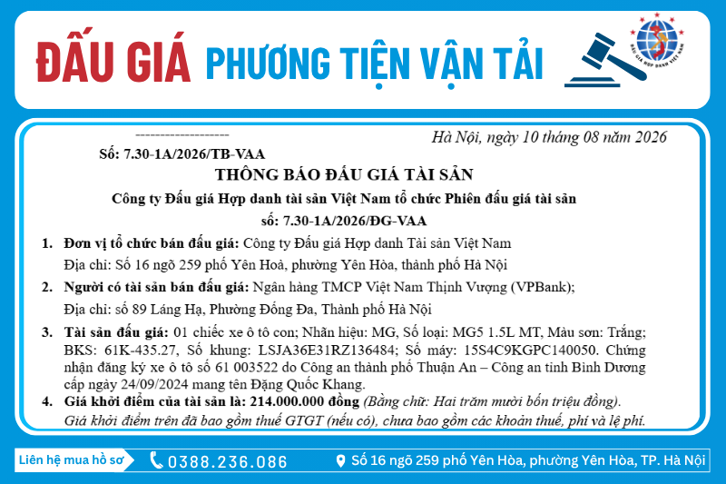 Thông Báo Đấu Giá Tài Sản số: 7.30-1A/2026/ĐG-VAA