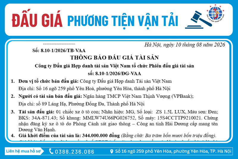 Thông Báo Đấu Giá Tài Sản số: 8.10-1/2026/ĐG-VAA