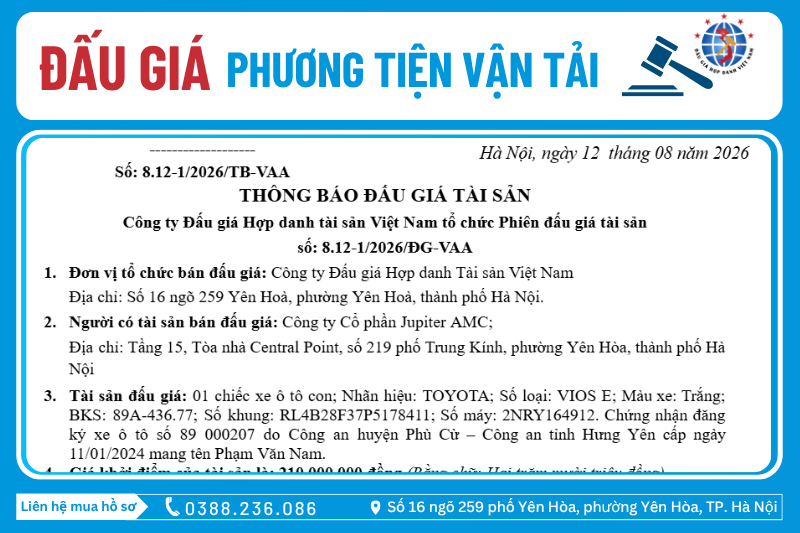 Thông Báo Đấu Giá Tài Sản số: 8.12-1/2026/ĐG-VAA
