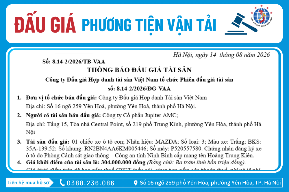 Thông Báo Đấu Giá Tài Sản số: 8.14-2/2026/ĐG-VAA