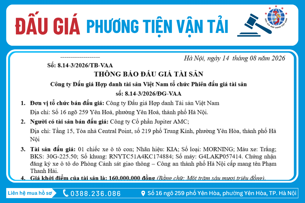 Thông Báo Đấu Giá Tài Sản số: 8.14-3/2026/ĐG-VAA