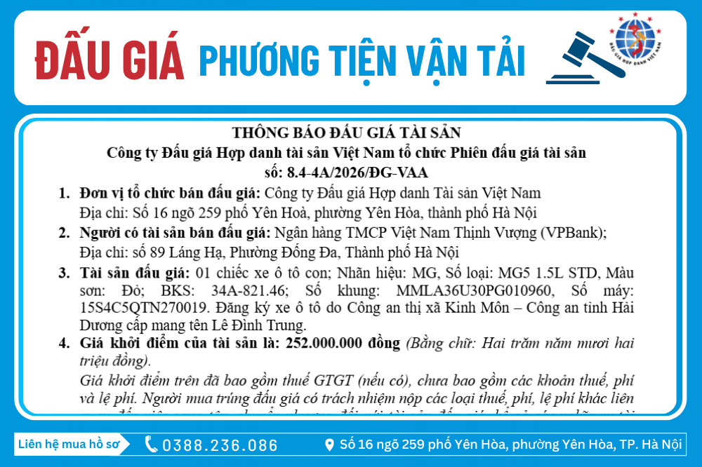 Thông Báo Đấu Giá Tài Sản số: 8.4-4A/2026/ĐG-VAA
