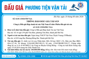Thông Báo Đấu Giá Tài Sản số: 8.18-1/2026/ĐG-VAA