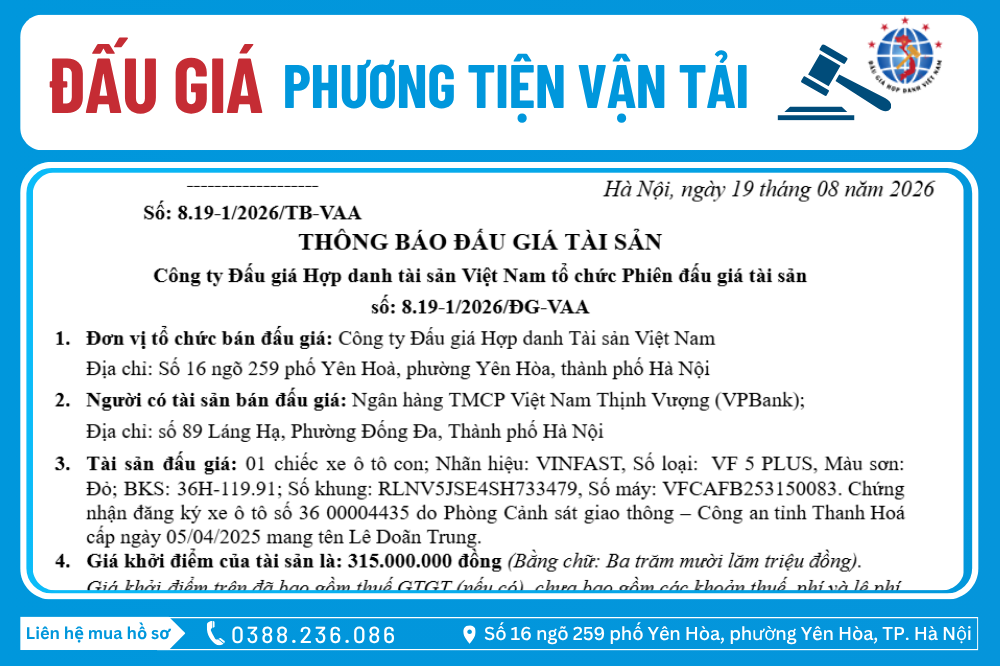 Thông Báo Đấu Giá Tài Sản số:  8.19-1/2026/ĐG-VAA 