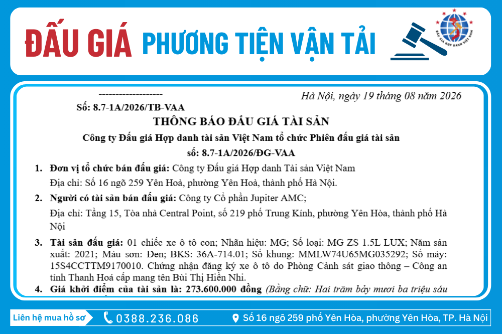 Thông Báo Đấu Giá Tài Sản số: 8.7-1A/2026/ĐG-VAA