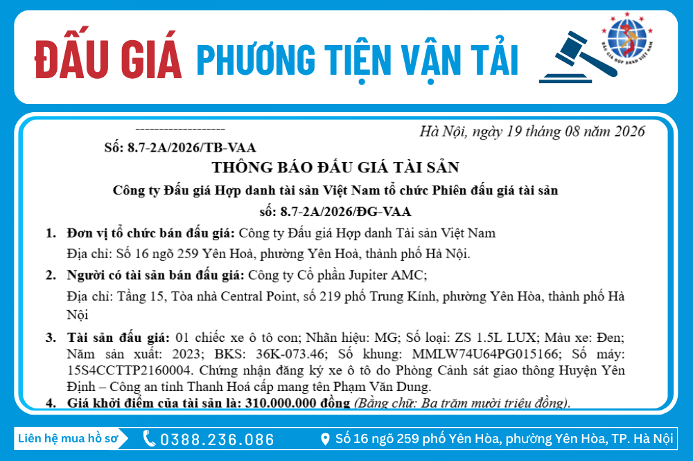 Thông Báo Đấu Giá Tài Sản số: 8.7-2A/2026/ĐG-VAA