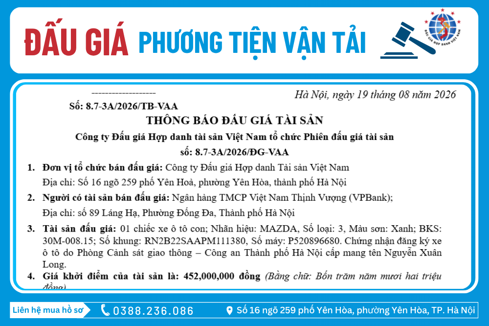 Thông Báo Đấu Giá Tài Sản số: 8.7-3A/2026/ĐG-VAA