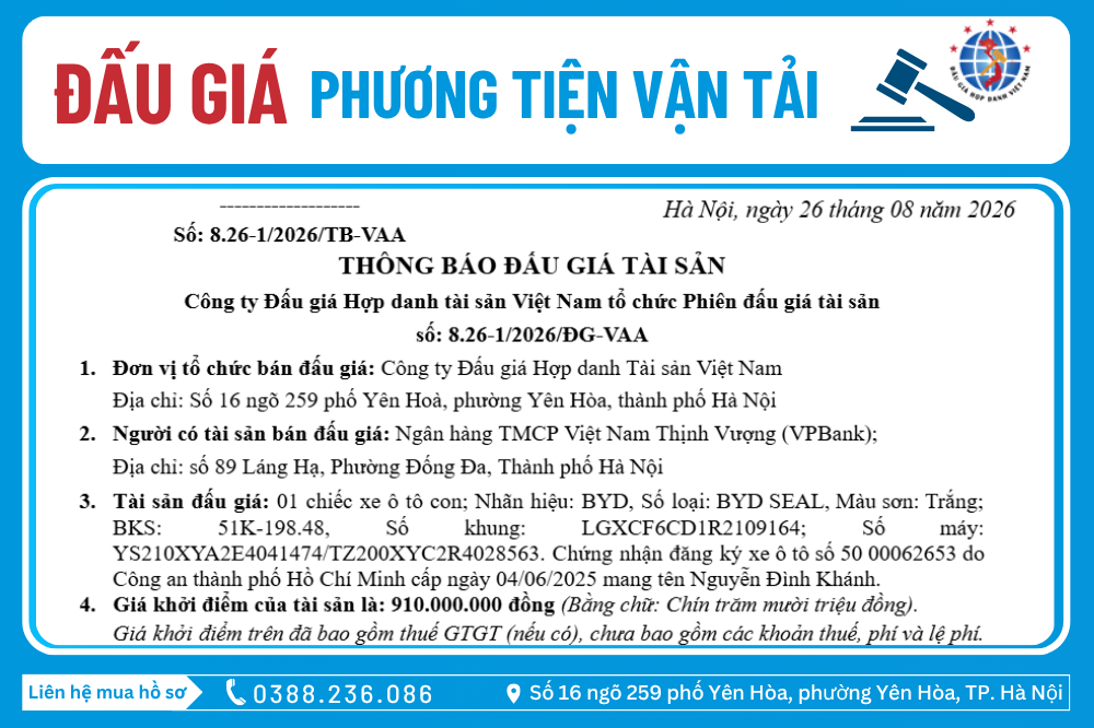 Thông Báo Đấu Giá Tài Sản số: 8.26-1/2026/ĐG-VAA