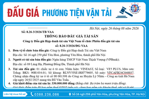 Thông Báo Đấu Giá Tài Sản số:  8.26-3/2026/ĐG-VAA 