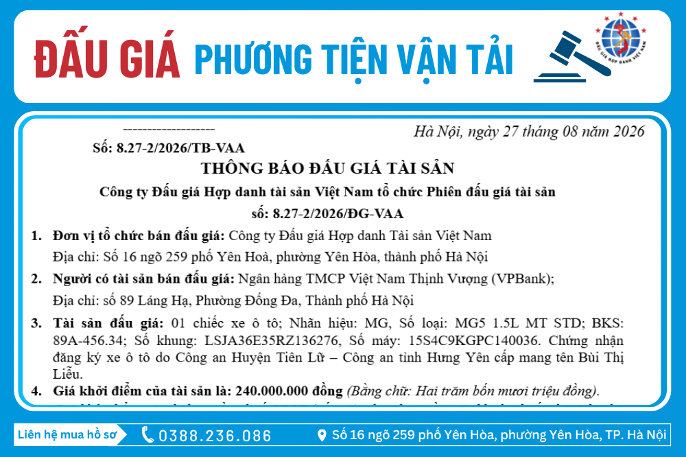 Thông Báo Đấu Giá Tài Sản số: 8.27-2/2026/ĐG-VAA