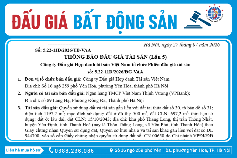 Thông Báo Đấu Giá Tài Sản số: 5.22-11D/2026/ĐG-VAA (Lần 5)