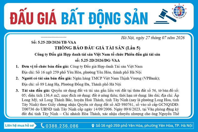 Thông Báo Đấu Giá Tài Sản số: 5.25-2D/2026/ĐG-VAA