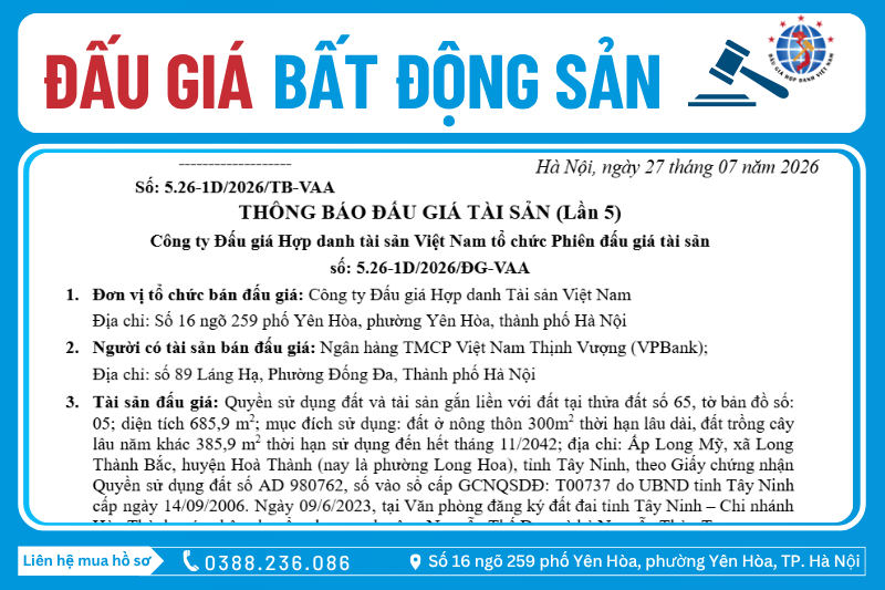 Thông Báo Đấu Giá Tài Sản số: 5.26-1D/2026/ĐG-VAA