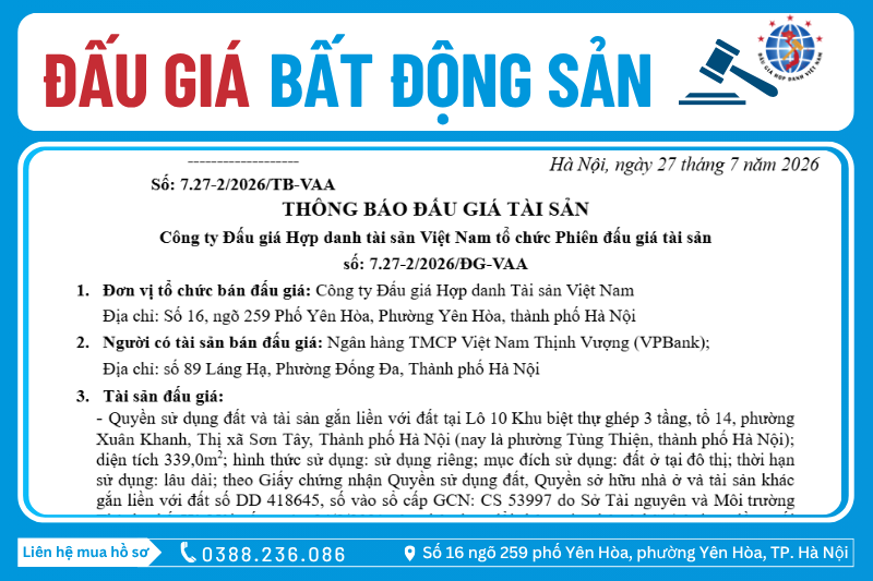 Thông Báo Đấu Giá Tài Sản số: 7.27-2/2026/ĐG-VAA