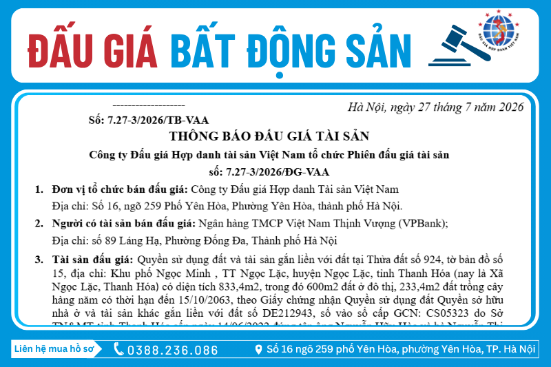 Thông Báo Đấu Giá Tài Sản số: 7.27-3/2026/ĐG-VAA