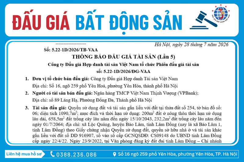 Thông Báo Đấu Giá Tài Sản số: 5.22-1D/2026/ĐG-VAA (Lần 5)