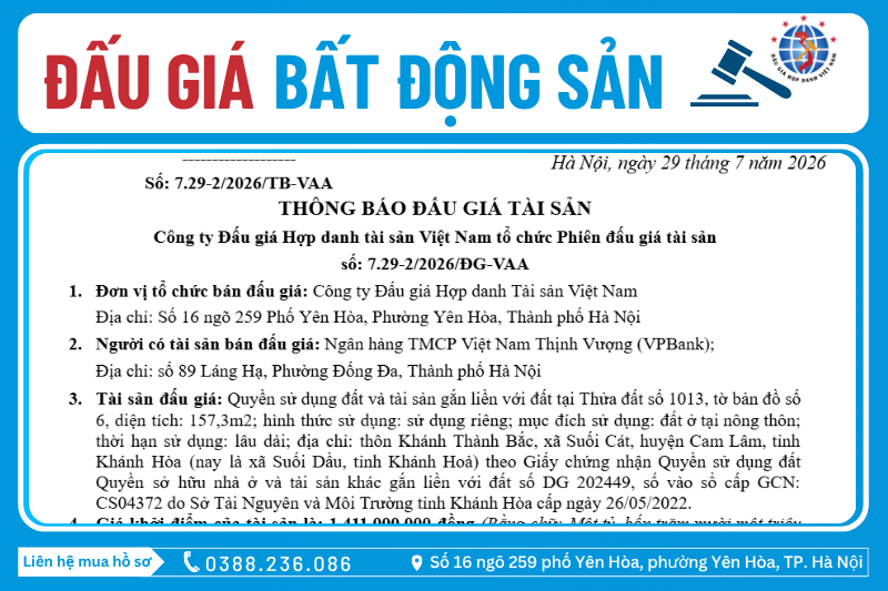 Thông Báo Đấu Giá Tài Sản số: 7.29-2/2026/ĐG-VAA