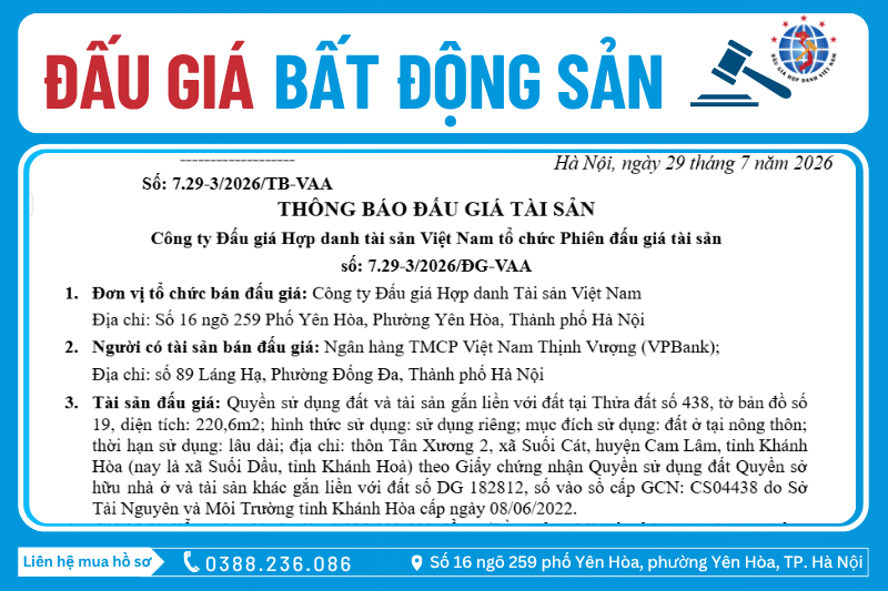 Thông Báo Đấu Giá Tài Sản số: 7.29-3/2026/ĐG-VAA