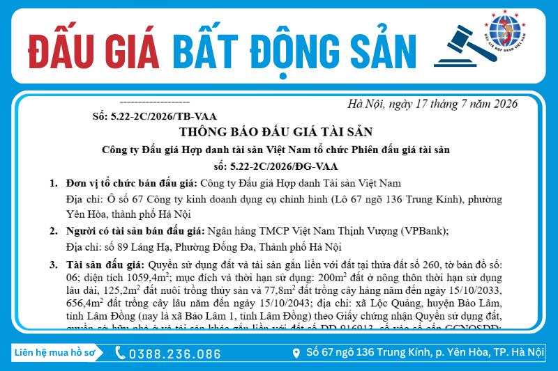 Thông Báo Đấu Giá Tài Sản số: 5.22-2C/2026/ĐG-VAA