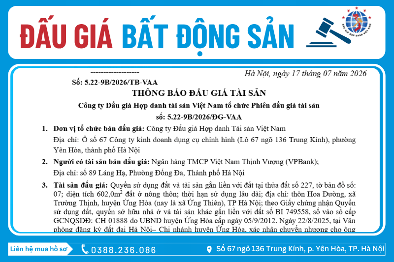 Thông Báo Đấu Giá Tài Sản số: 5.22-9B/2026/ĐG-VAA
