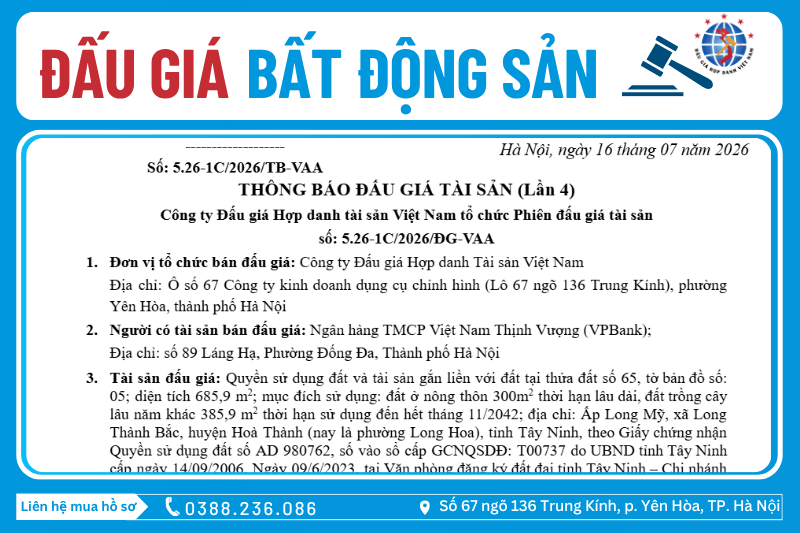 Thông Báo Đấu Giá Tài Sản số: 5.26-1C/2026/ĐG-VAA (Lần 4)