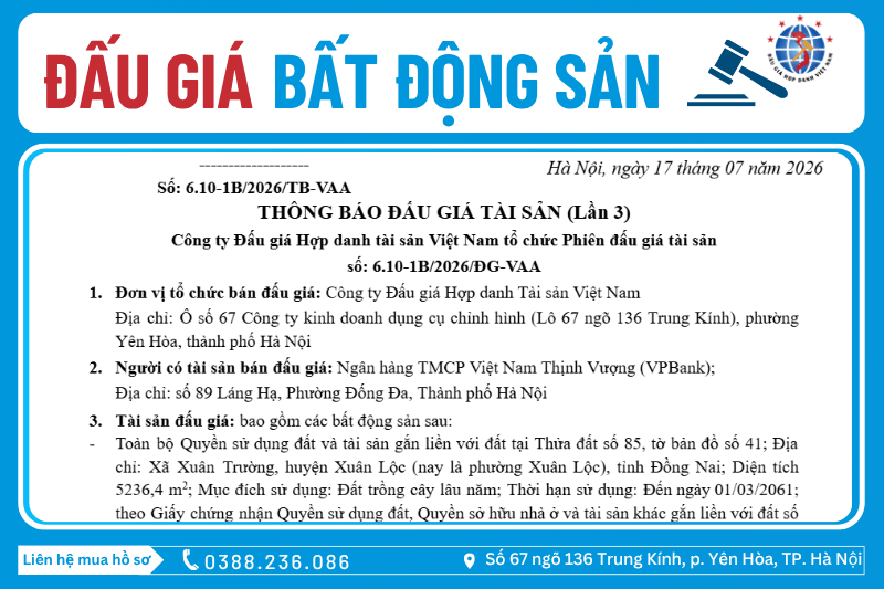 Thông Báo Đấu Giá Tài Sản số: 6.10-1B/2026/ĐG-VAA