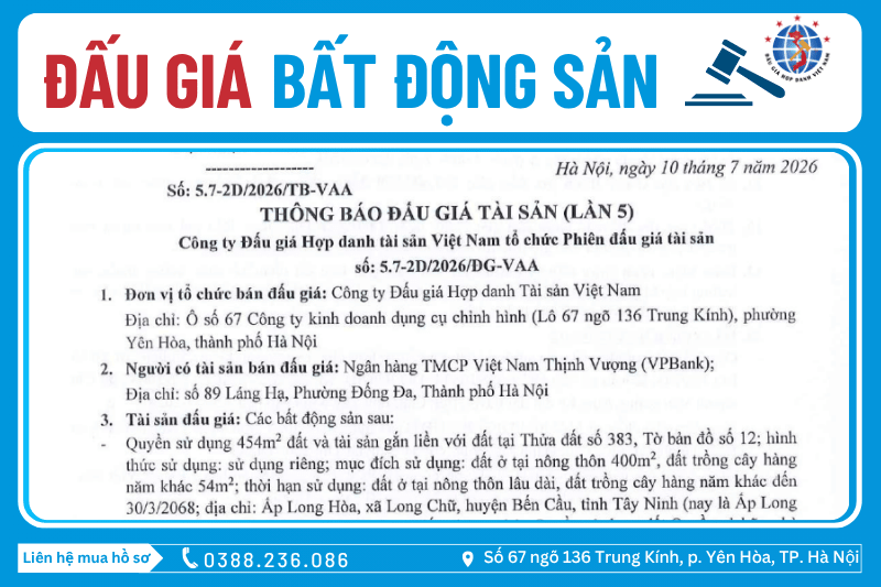 Thông Báo Đấu Giá: Quyền sử dụng 454m2 đất và tài sản gắn liền với đất tại Thửa đất số 383