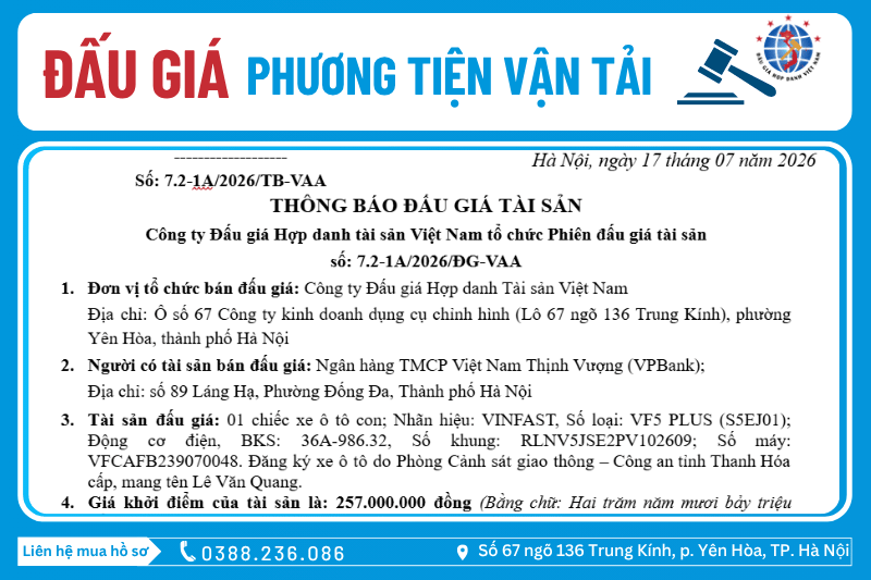 Thông Báo Đấu Giá Tài Sản số: 7.2-1A/2026/ĐG-VAA