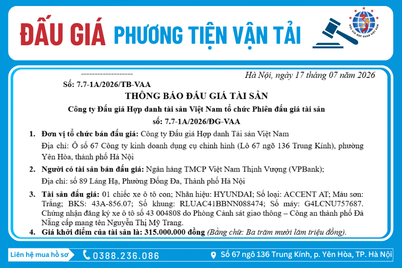 Thông Báo Đấu Giá Tài Sản số: 7.7-1A/2026/ĐG-VAA